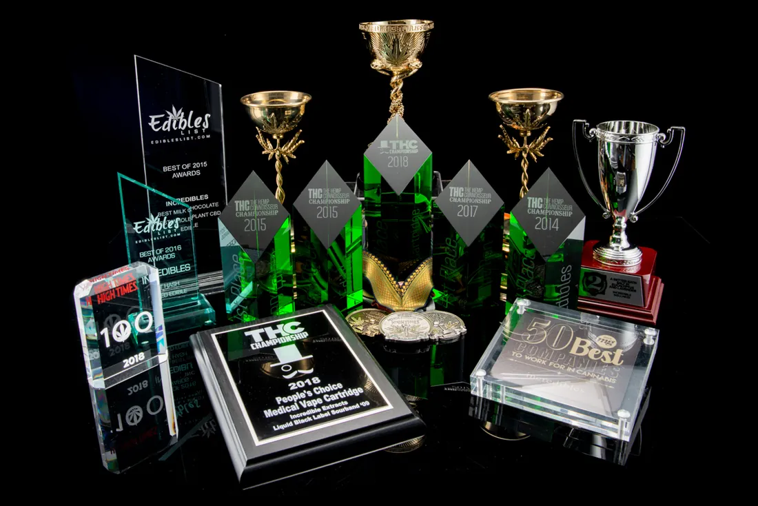 Medically Correct trophies and plaques from the THC Hemp Connoisseur Championship, High Times and more